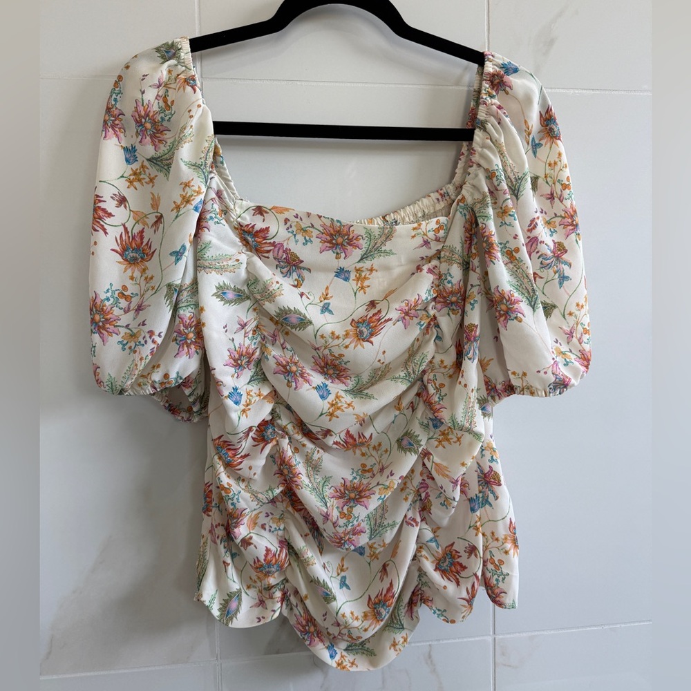 Rose and Olive Spring Floral Ruched Square Neck Blouse Smocked Puff Sleeve Top L